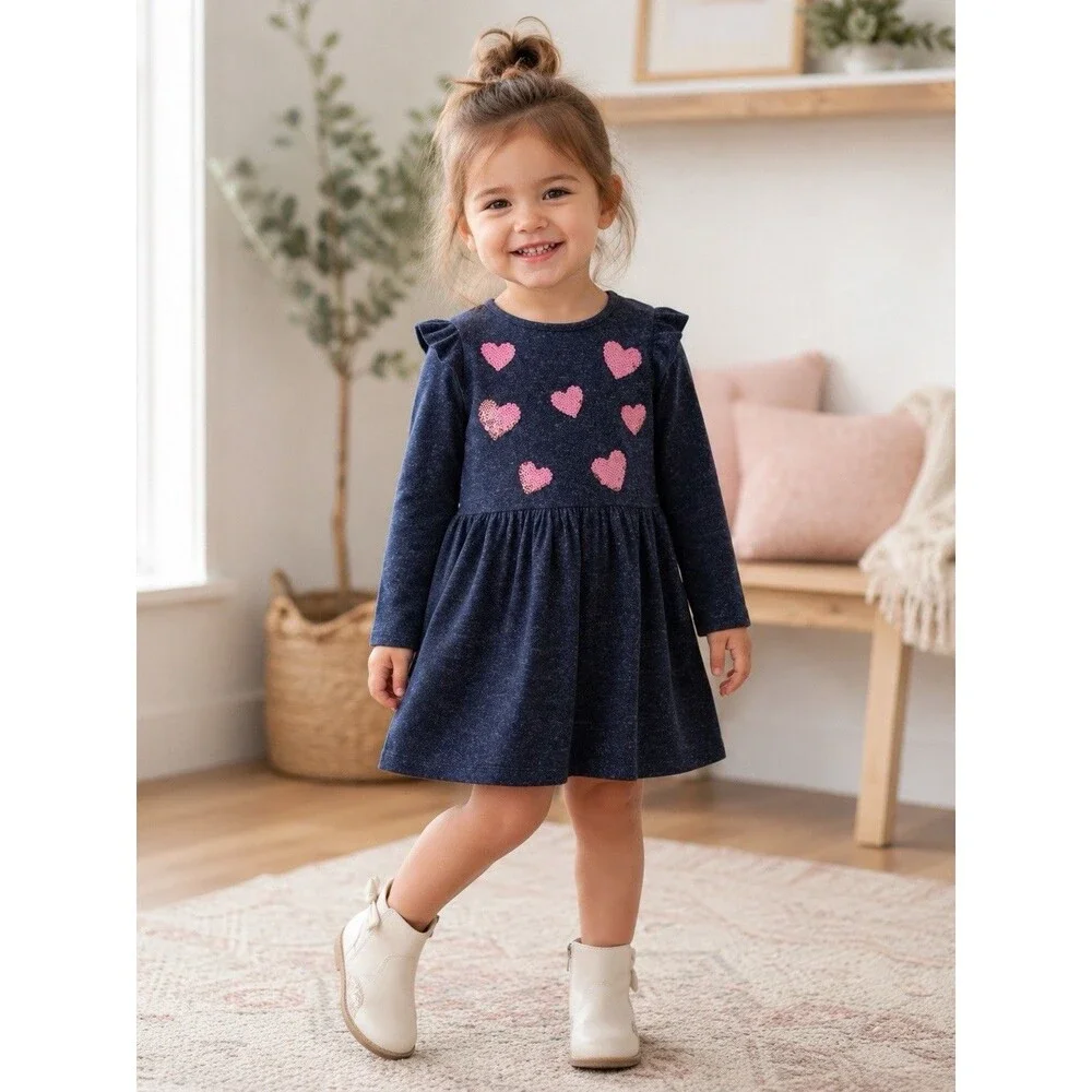 Toddler Girls Sequin Hearts Jersey Dress Lightweight Long Sleeve Blue Pink 2T